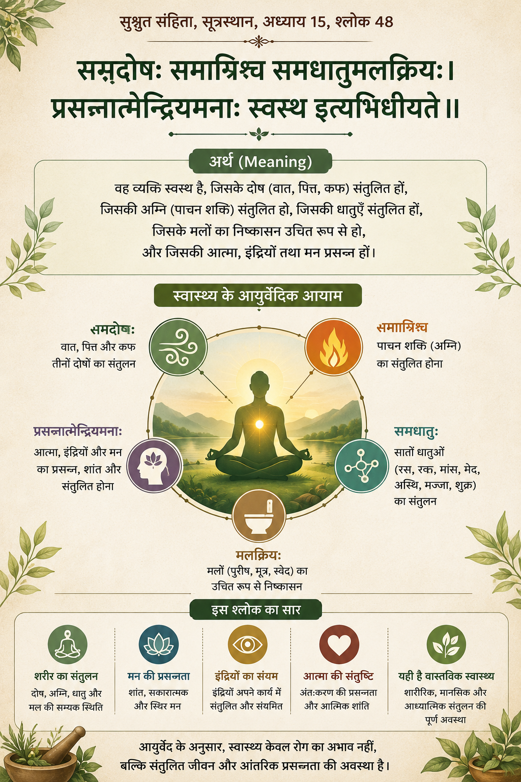 Sushruta Samhita, Sutrasthana 15.48 — the Sanskrit verse defining health as balance of doshas, agni, dhatus, malas, and a cheerful state of atman, senses, and mind.