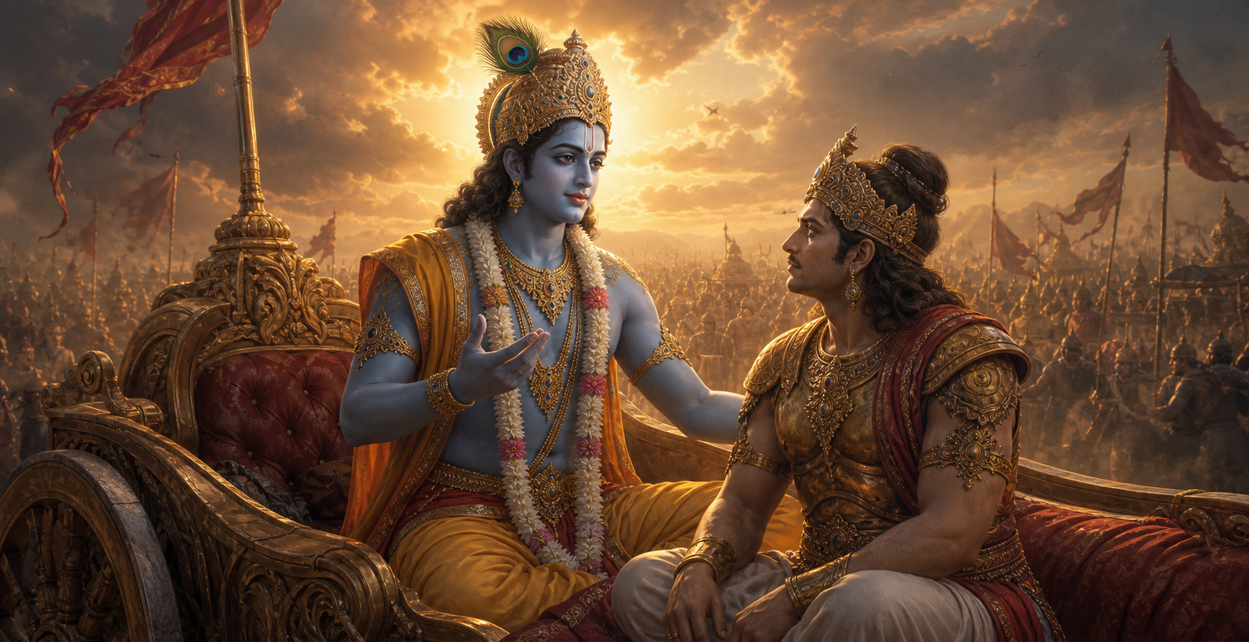 AI-generated battlefield image of Krishna and Arjuna