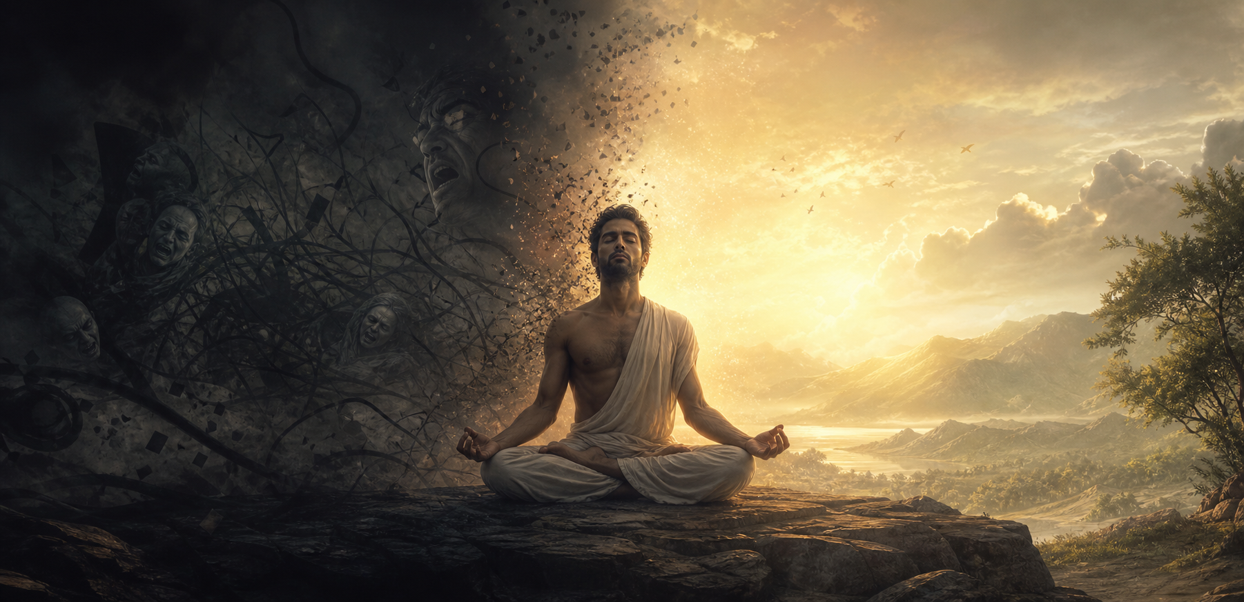 A meditator moving from mental darkness into calm light, symbolizing inner mastery