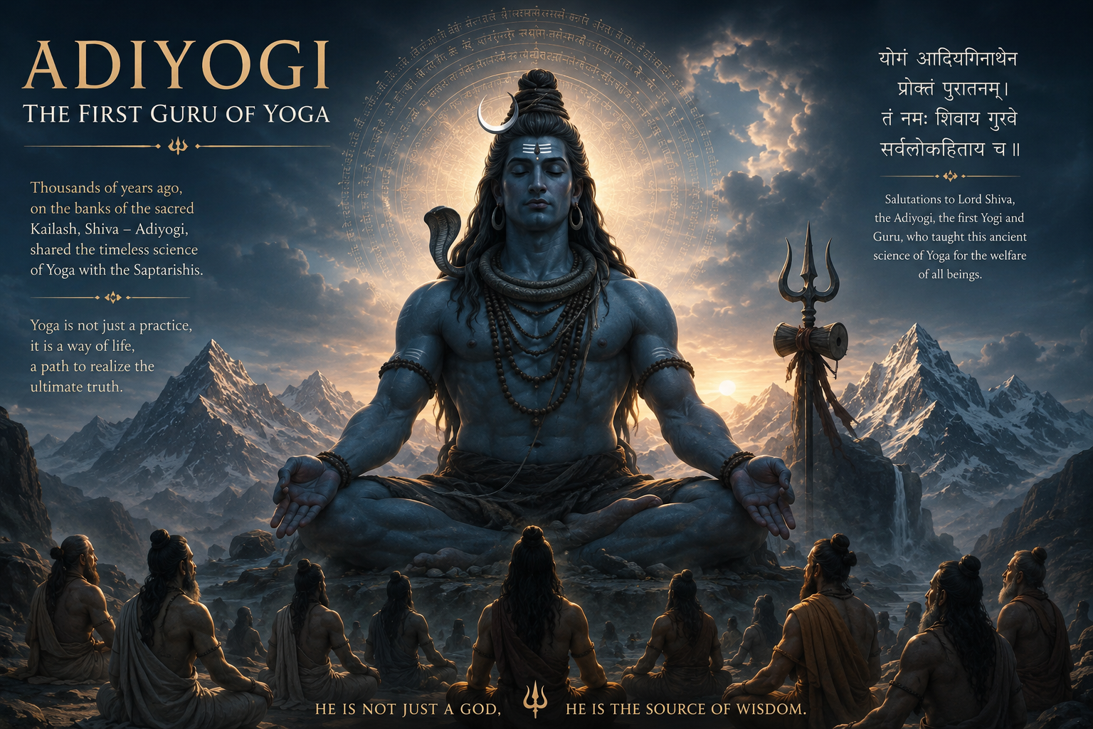 Adiyogi Shiva, the first yogi, transmitting wisdom in the Himalayas.