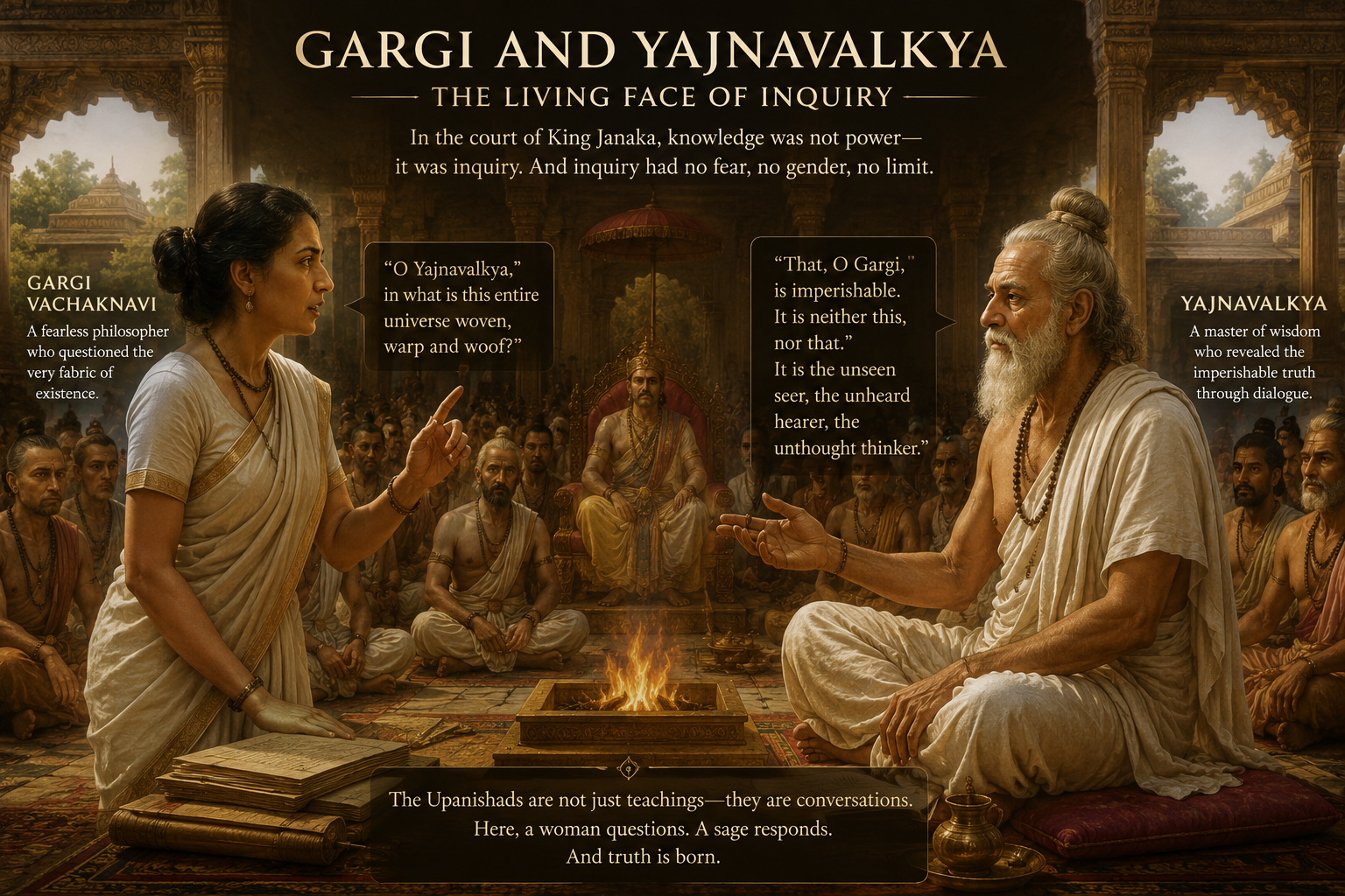 Gargi Vachaknavi, the great female philosopher of the Upanishads, challenging Yajnavalkya.