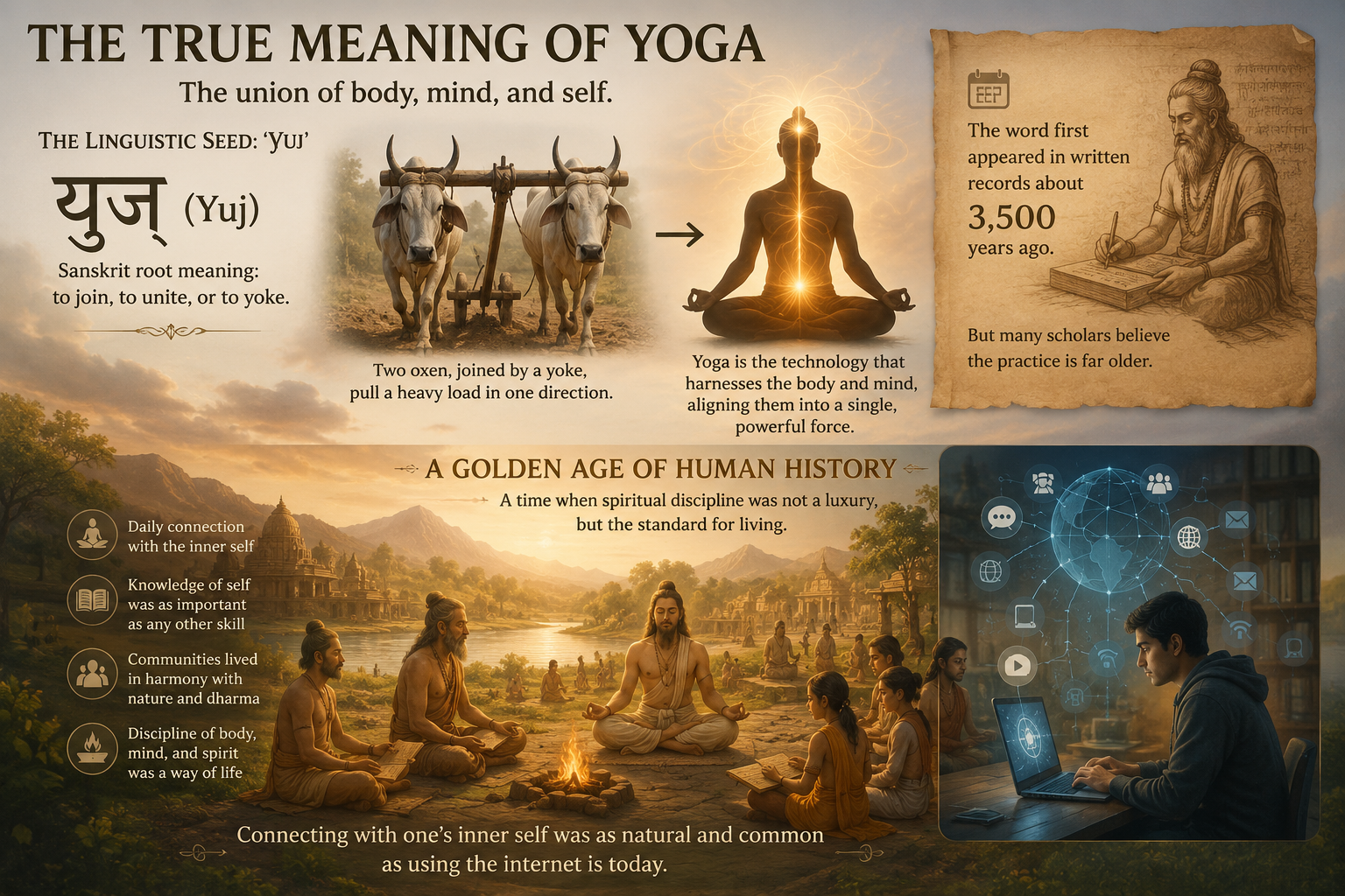 Ancient representation of the Sanskrit root Yuj, signifying the union of individual and universal consciousness