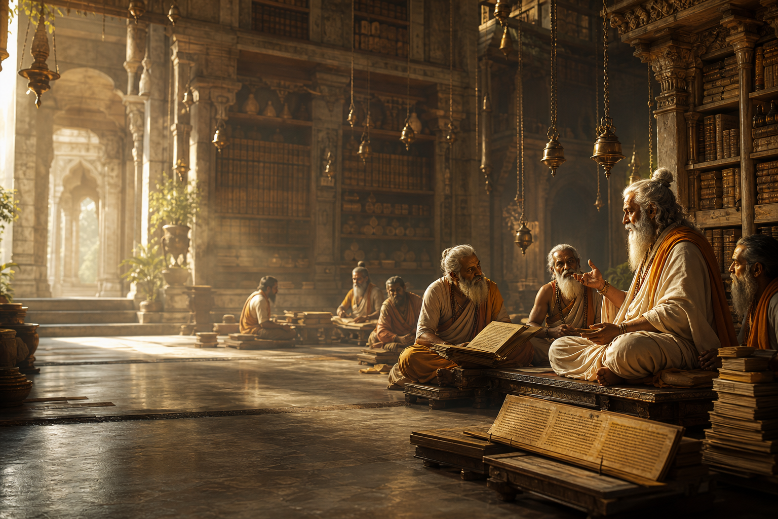 Teaching sages in an ancient scholarly setting
